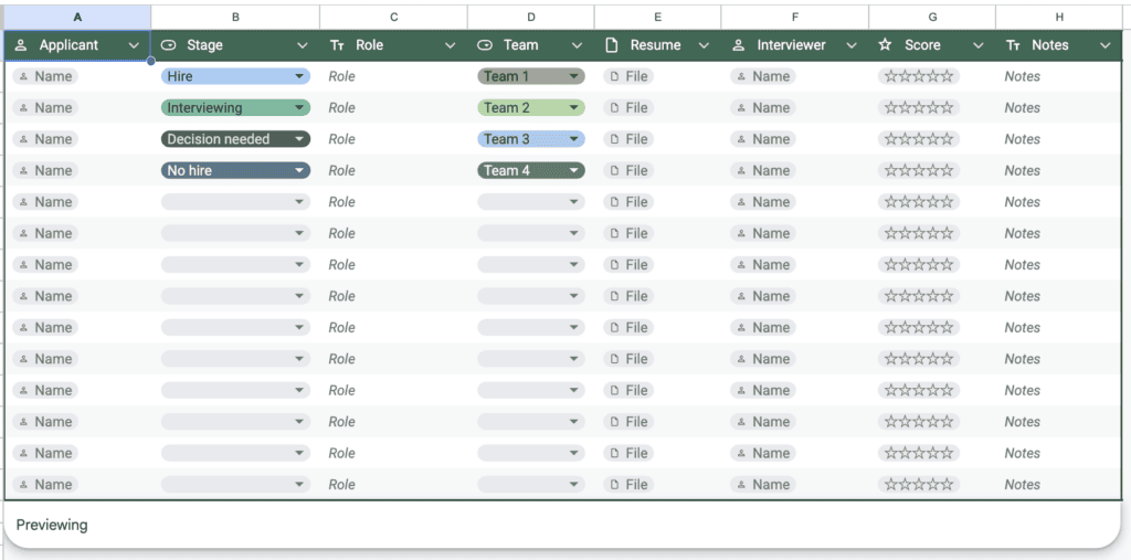 Google Table Templates - Recruitment Applications